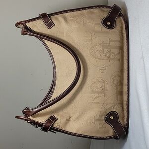 Lauren Ralph Lauren tan signature canvas with brown leather trim shoulder bag